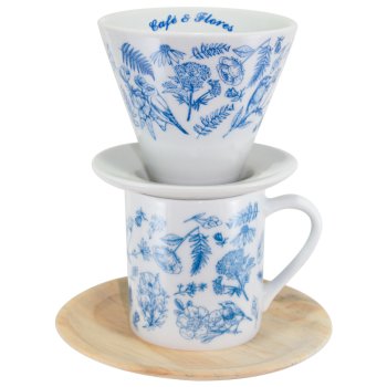 Kit Coador E Caneca Porcelana Flor Azul